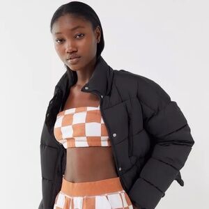 UO out from under Brody checker crop top adjustable straps EUC size s white/tan